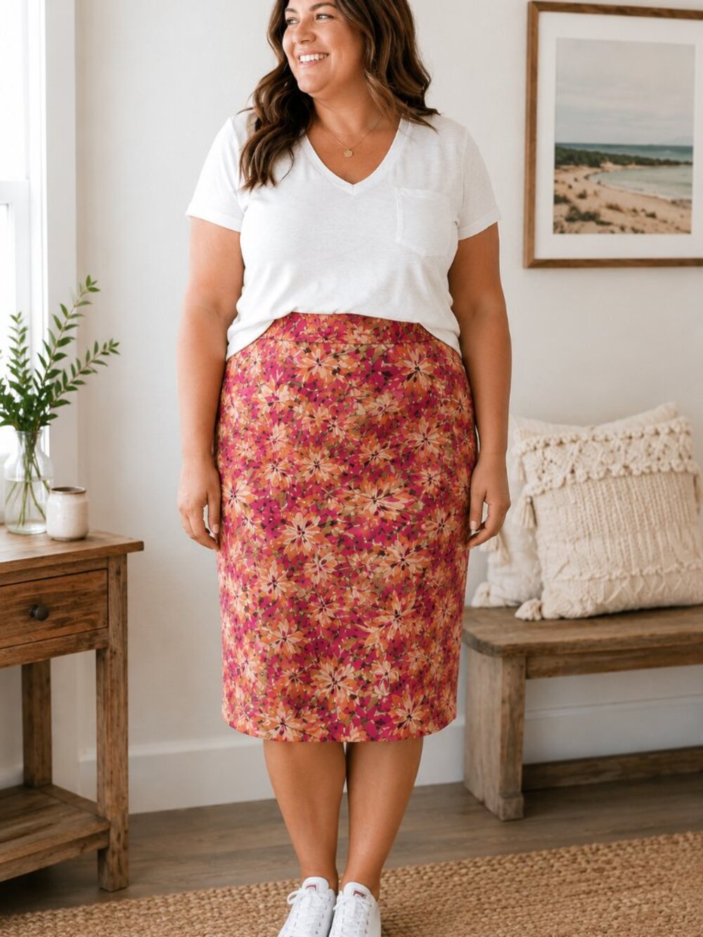 Doncaster Collection Silk Pencil Skirt Floral Pink Multicolor Size 16 Career